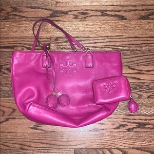 Pink leather tote bag and wallet with tassels